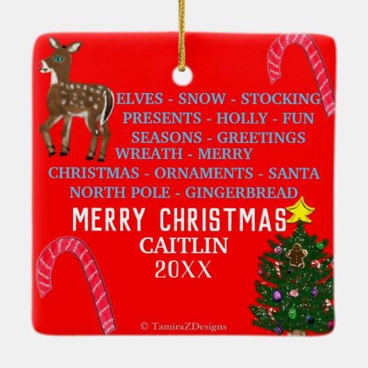 Kerstrode mini, 15-Word Puzzle Santa Keramisch Ornament (Achterkant)