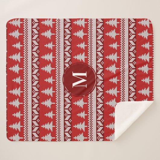 Kerstrode noordse luchtbomen en wit | Monogram Sherpa Deken (Voorkant (horizontaal))