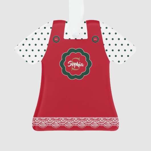 Kerstrode pinafore-gerace-trim, op maat gemaakt ornament (voorkant)
