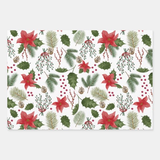 Kerstrode poinsettia, bessen, pijntakken inpakpapier vel (Voorkant 3)