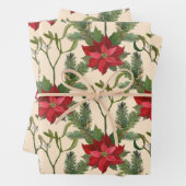 kerstrode poinsettia bloemen en pijntakken inpakpapier vel (In situ)