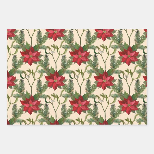 kerstrode poinsettia bloemen en pijntakken inpakpapier vel (Voorkant)