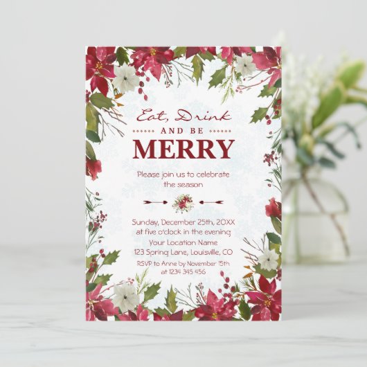 Kerstrode Poinsettia Eat-Drink en is Merry Kaart (Staand voorkant)