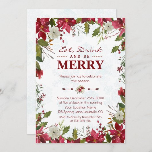 Kerstrode Poinsettia Eat-Drink en is Merry Kaart (Voorkant / Achterkant)