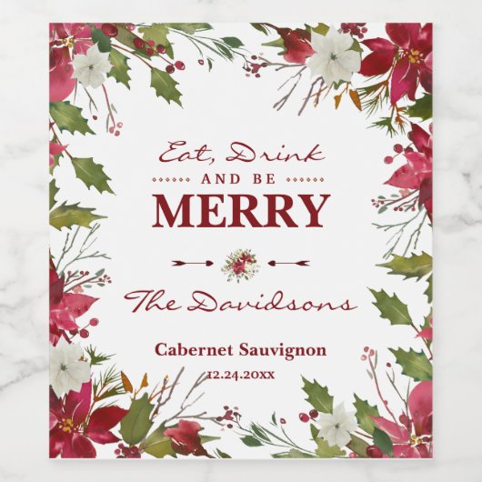 Kerstrode Poinsettia Eat-Drink en is Merry Wijn Etiket (Enkel label)