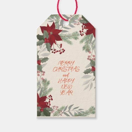 Kerstrode Poinsettia en Holly Berries Cadeaulabel (Voorkant)