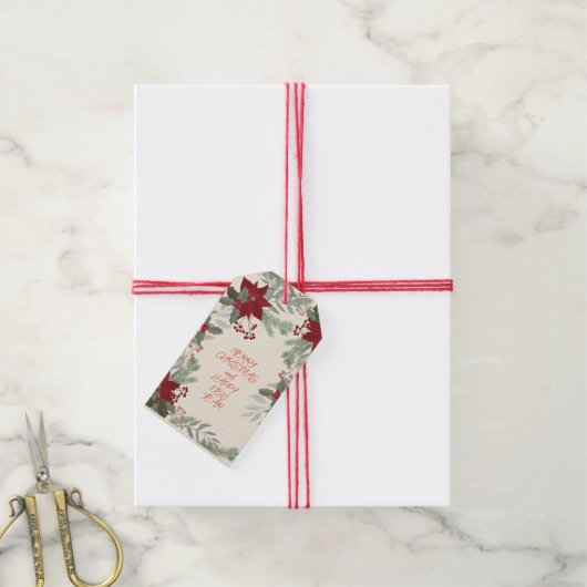 Kerstrode Poinsettia en Holly Berries Cadeaulabel (Met Touw)