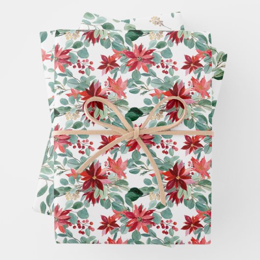 Kerstrode Poinsettia Eucalyptus Waterverf Inpakpapier Vel (In situ)