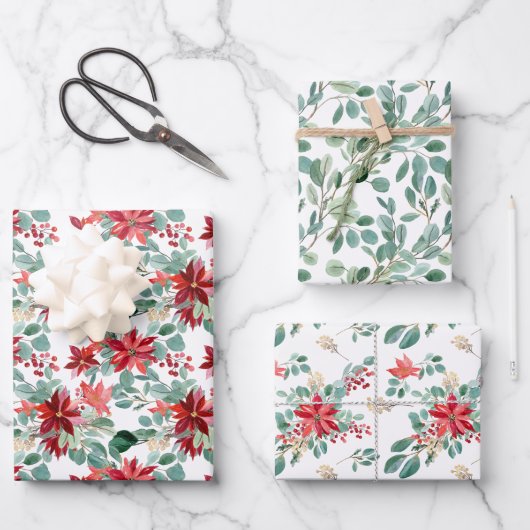 Kerstrode Poinsettia Eucalyptus Waterverf Inpakpapier Vel (Voorkant)