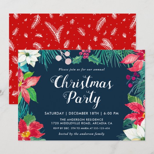 Kerstrode Poinsettia Floral-feestdag Kaart (Voorkant / Achterkant)