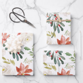 Kerstrode Poinsettia Floral Waterverf Inpakpapier Vel