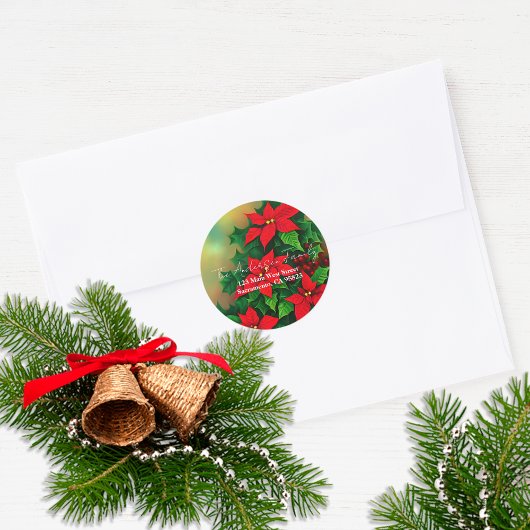 Kerstrode Poinsettia Flowers Return Address Ronde Sticker