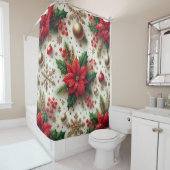 Kerstrode poinsettia met gouden sneeuwvlokken douchegordijn (In situ)