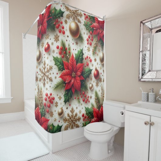 Kerstrode poinsettia met gouden sneeuwvlokken douchegordijn (In situ)