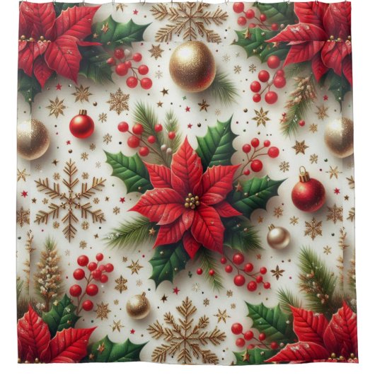 Kerstrode poinsettia met gouden sneeuwvlokken douchegordijn (Voorkant)