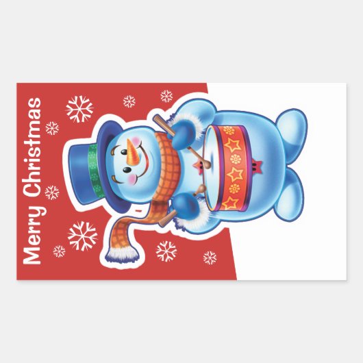 Kerstrode rechthoek sticker Snowman drummer. (Voorkant)
