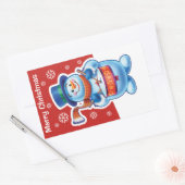 Kerstrode rechthoek sticker Snowman drummer. (Envelop)