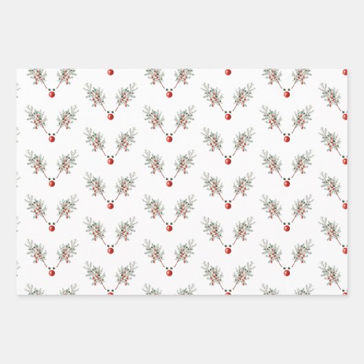 Kerstrode rendierpijnbessen inpakpapier vel (Voorkant 3)