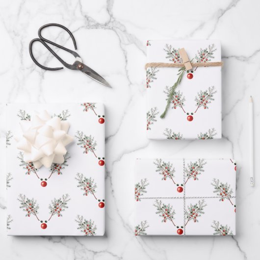 Kerstrode rendierpijnbessen inpakpapier vel (Voorkant)