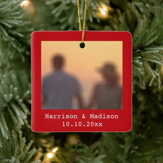 Kerstrode retro fotonamen van paar foto's keramisch ornament (Boom)