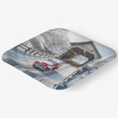 Kerstrode Retro Truck en Overdekte Brug Papieren Bordje (Gebogen)