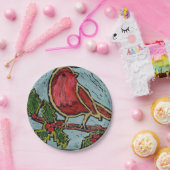 Kerstrode Robin, Green Holly Red Berries Papieren Bordje (Feest)