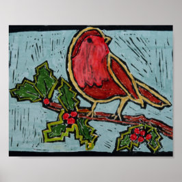Kerstrode Robin, Green Holly Red Berries Poster