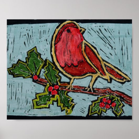 Kerstrode Robin, Green Holly Red Berries Poster (Voorkant)
