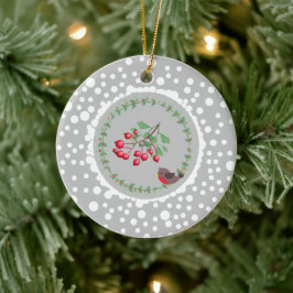 Kerstrode Robin met Wreath en Snow Keramisch Ornament