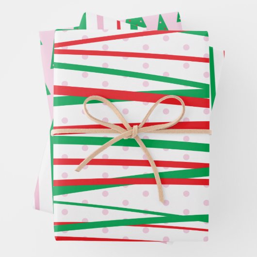 kerstrode roze groene moderne strepen inpakpapier vel (In situ)