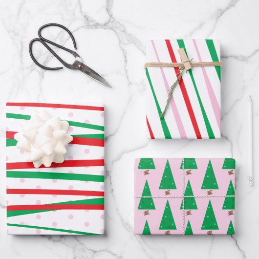 kerstrode roze groene moderne strepen inpakpapier vel (Voorkant)