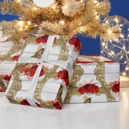 kerstrode rozen goudvogel cadeaupapier (Feestdagen)