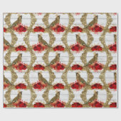 kerstrode rozen goudvogel cadeaupapier (Vlak)