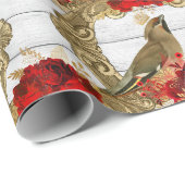 kerstrode rozen goudvogel cadeaupapier (Rol Hoek)