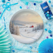 Kerstrode schuur in het besneeuwde land papieren bordje (Feest)