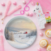 Kerstrode schuur in het besneeuwde land papieren bordje (Feest)