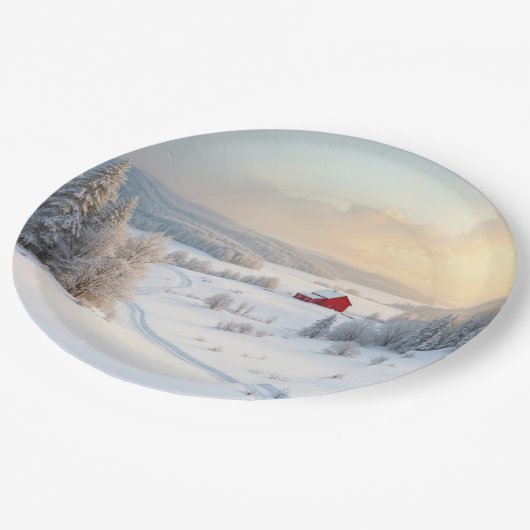 Kerstrode schuur in het besneeuwde land papieren bordje (Gekanteld)