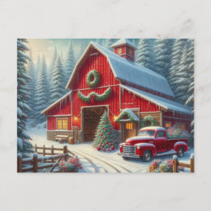 Kerstrode schuur met vintage truck kerstkaart briefkaart