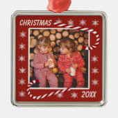 kerstrode snoepjes Aangepaste foto Metalen Ornament (Voorkant)