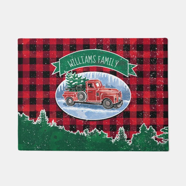 Kerstrode  vrachtwagen Buffalo Pset Naam toevoegen Deurmat (Voorkant)