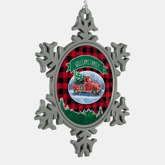 Kerstrode  vrachtwagen Buffalo Pset Naam toevoegen Tin Sneeuwvlok Ornament (Links)