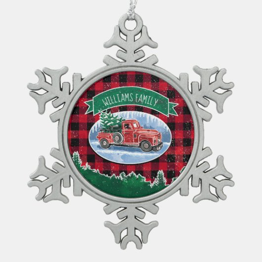 Kerstrode  vrachtwagen Buffalo Pset Naam toevoegen Tin Sneeuwvlok Ornament (Voorkant)