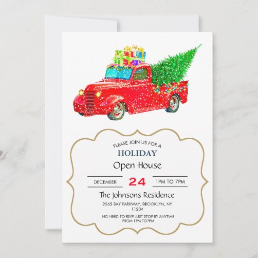 Kerstrode vrachtwagen met kerstboom en cadeau kaart (Voorkant)