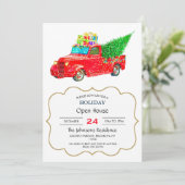 Kerstrode vrachtwagen met kerstboom en cadeau kaart (Staand voorkant)