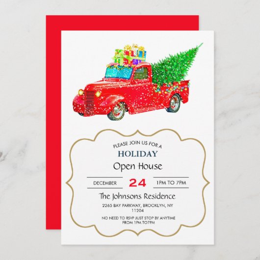 Kerstrode vrachtwagen met kerstboom en cadeau kaart (Voorkant / Achterkant)