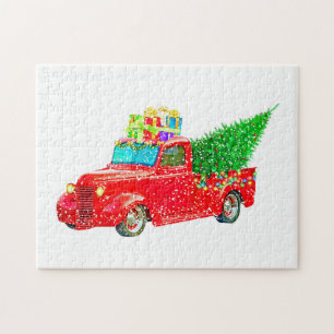 Kerstrode vrachtwagen met kerstboom en cadeau legpuzzel