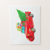 Kerstrode vrachtwagen met kerstboom en cadeau legpuzzel (Verticaal)
