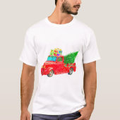 Kerstrode vrachtwagen met kerstboom en cadeau t-shirt (Voorkant)