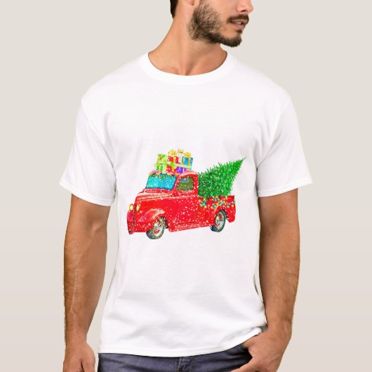 Kerstrode vrachtwagen met kerstboom en cadeau t-shirt (Voorkant)