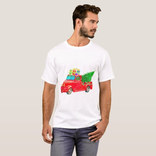 Kerstrode vrachtwagen met kerstboom en cadeau t-shirt (Voorkant volledig)